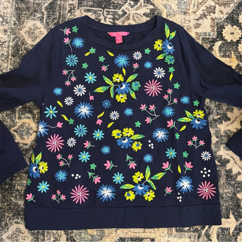 Lilly Pulitzer Navy Sweater with Floral Embroidery